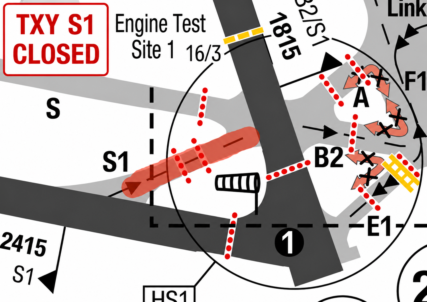 Example airport chart with NOTAM closures and hazards marked up automatically